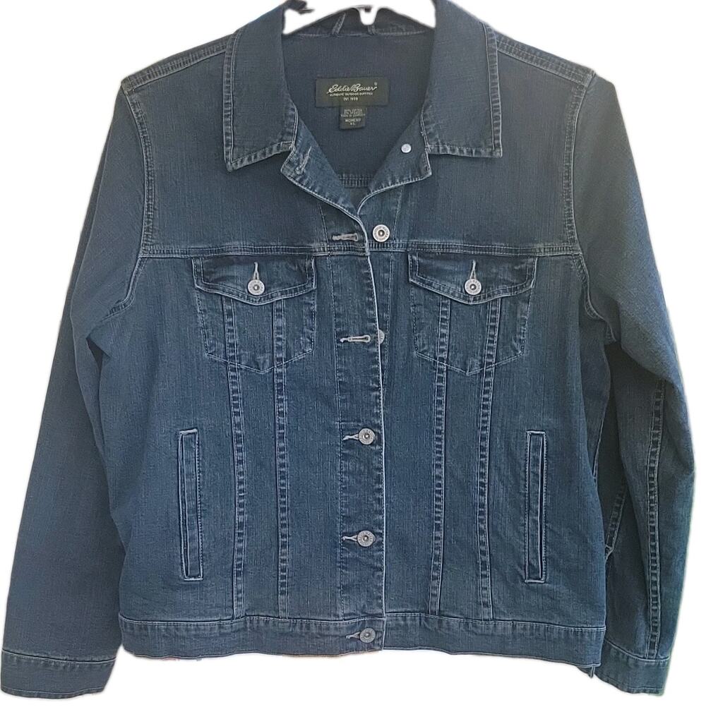 Eddie Bauer Women’s Blue Denim Jacket Button Front Collared Pockets XL